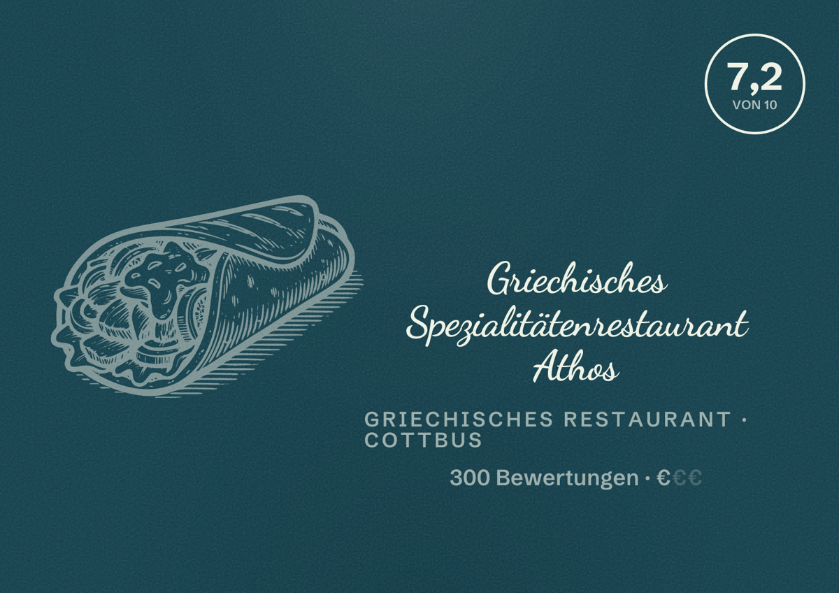 Illustriertes Poster von Griechisches Spezialitätenrestaurant Athos, Griechisches Restaurant in Cottbus: Bewertung 7,2 von 10 aus 300 Bewertungen, Preisniveau €