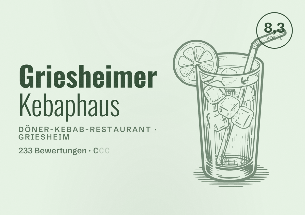 Illustriertes Poster von Griesheimer Kebaphaus, Döner-Kebab-Restaurant in Griesheim: Bewertung 8,3 von 10 aus 233 Bewertungen, Preisniveau €