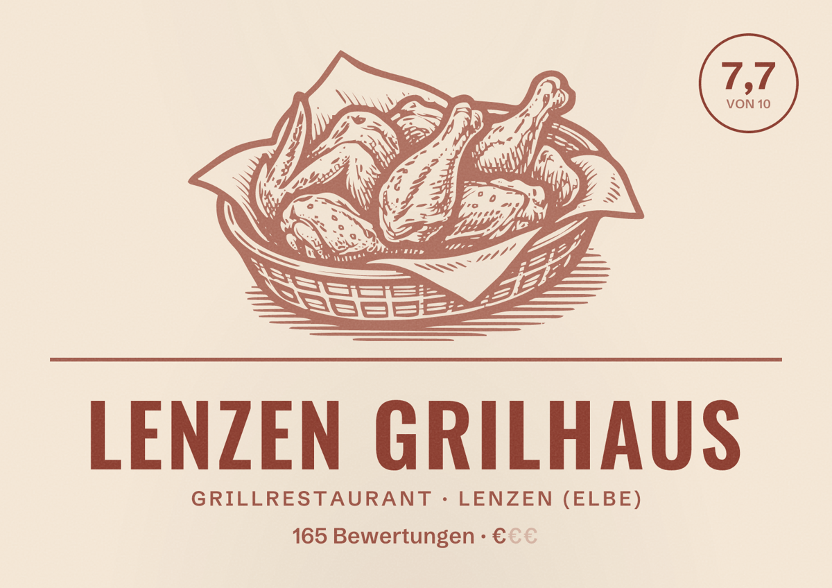 Illustriertes Poster von Lenzen Grilhaus, Grillrestaurant in Lenzen (Elbe): Bewertung 7,7 von 10 aus 165 Bewertungen, Preisniveau €