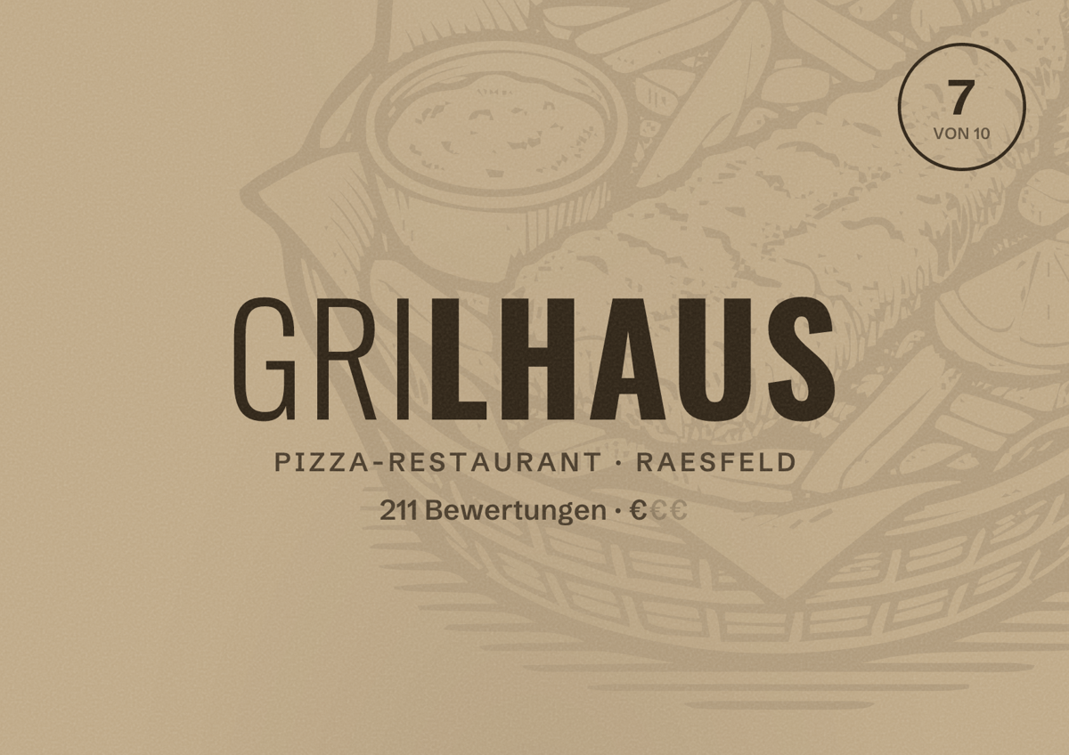 Illustriertes Poster von Grilhaus, Pizza-Restaurant in Raesfeld: Bewertung 7 von 10 aus 211 Bewertungen, Preisniveau €