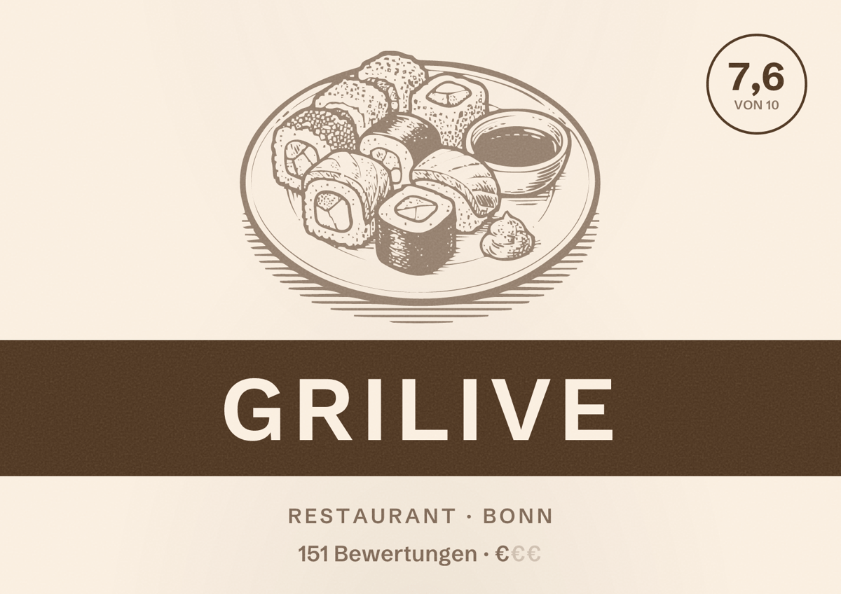 Illustriertes Poster von Grilive, Restaurant in Bonn: Gästebewertung 7,6 von 10 aus 151 Bewertungen