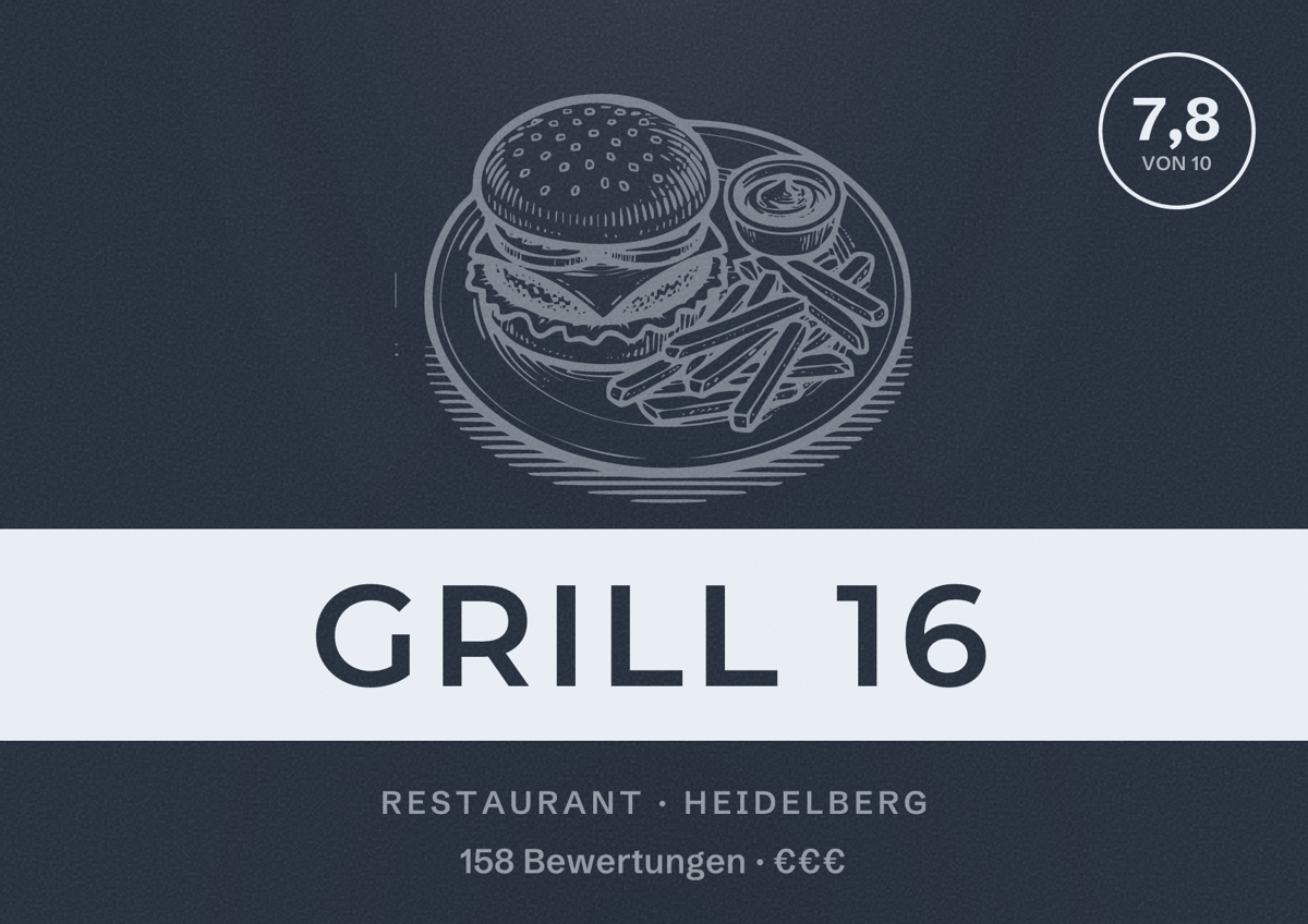 Illustriertes Poster von Grill 16, Restaurant in Heidelberg: Bewertung 7,8 von 10 aus 158 Bewertungen, Preisniveau €€€