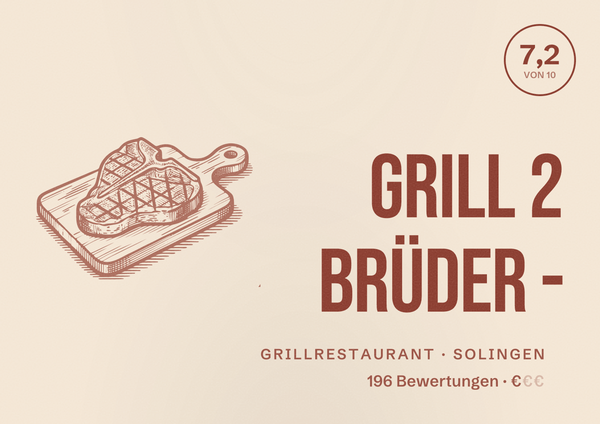 Illustriertes Poster von GRILL 2 BRÜDER -, Grillrestaurant in Solingen: Bewertung 7,2 von 10 aus 196 Bewertungen, Preisniveau €