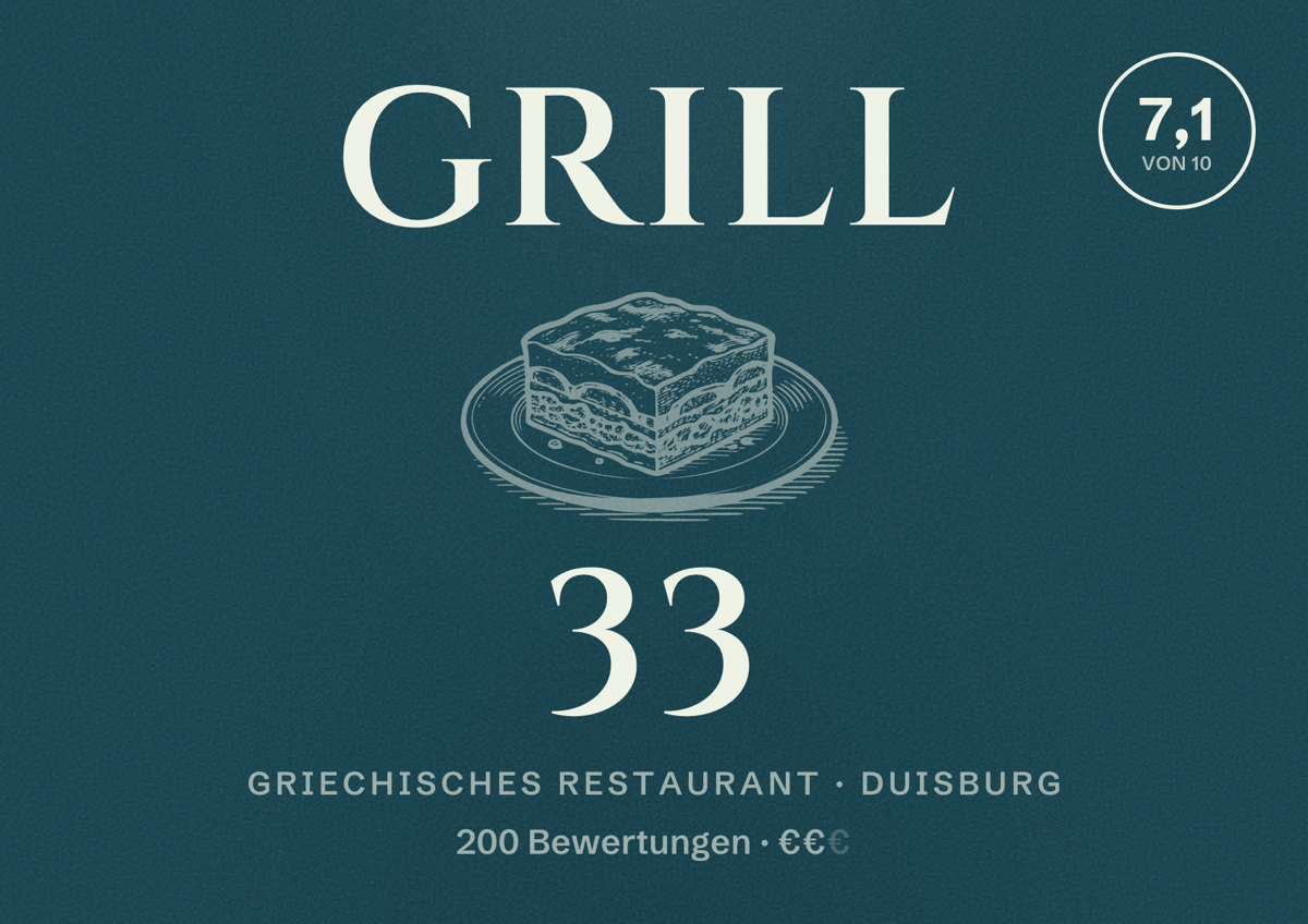 Illustriertes Poster von Grill 33, Griechisches Restaurant in Duisburg: Bewertung 7,1 von 10 aus 200 Bewertungen, Preisniveau €€