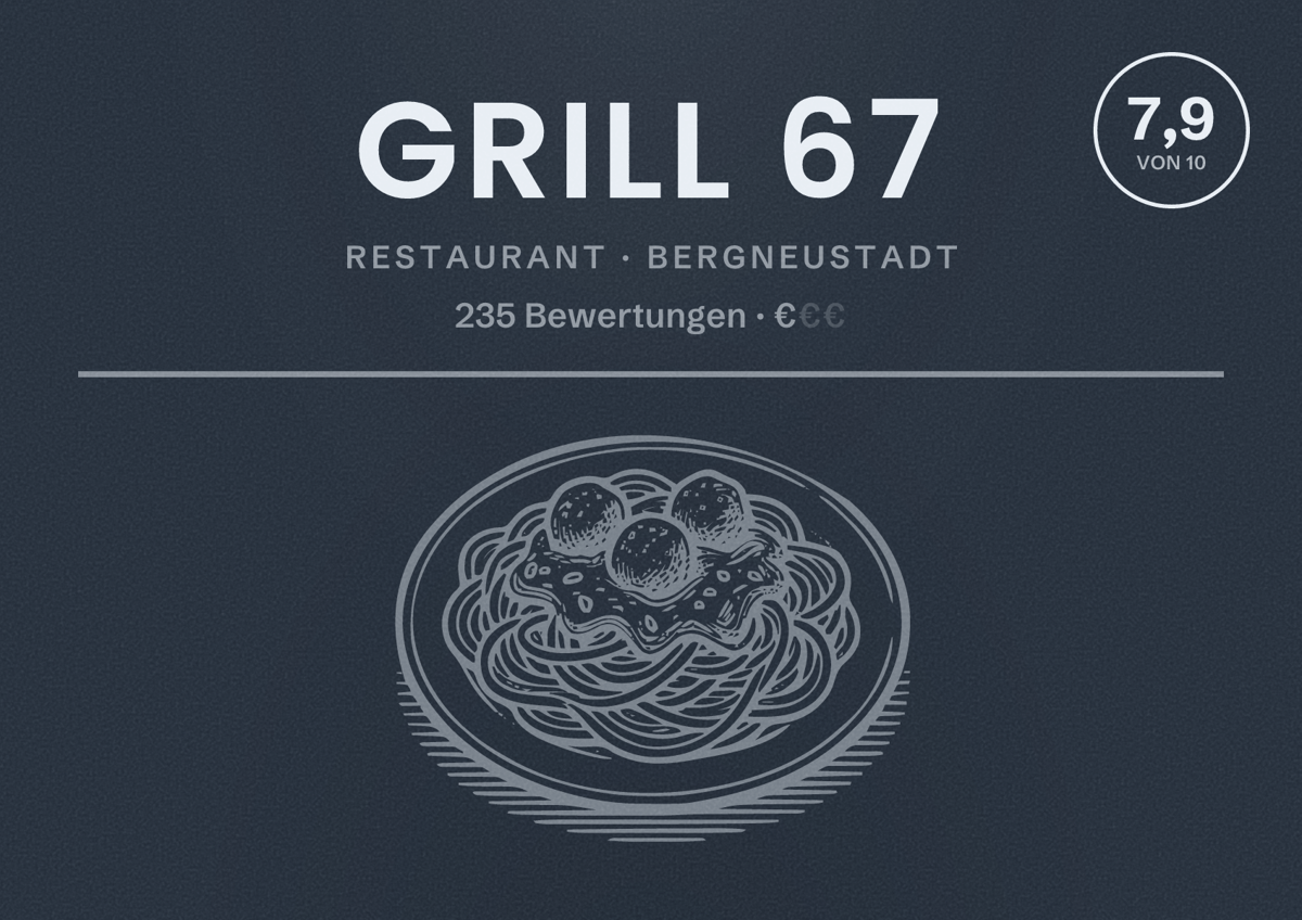 Illustriertes Poster von Grill 67, Restaurant in Bergneustadt: Bewertung 7,9 von 10 aus 235 Bewertungen, Preisniveau €
