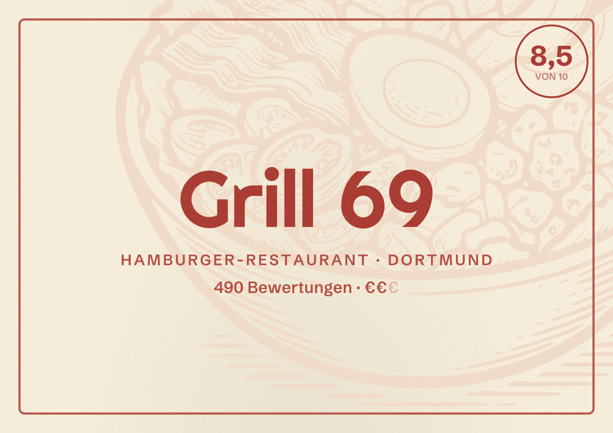 Illustriertes Poster von Grill 69, Hamburger-Restaurant in Dortmund: Bewertung 8,5 von 10 aus 490 Bewertungen, Preisniveau €€