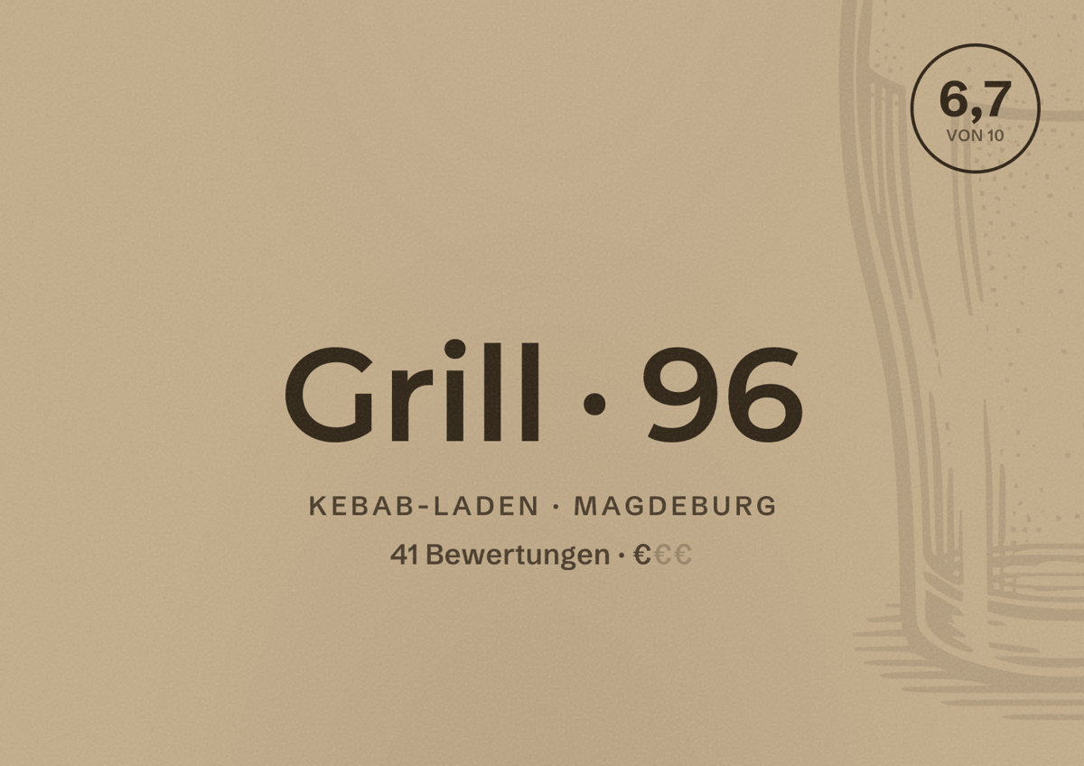 Illustriertes Poster von Grill 96, Kebab-Laden in Magdeburg: Bewertung 6,7 von 10 aus 41 Bewertungen, Preisniveau €
