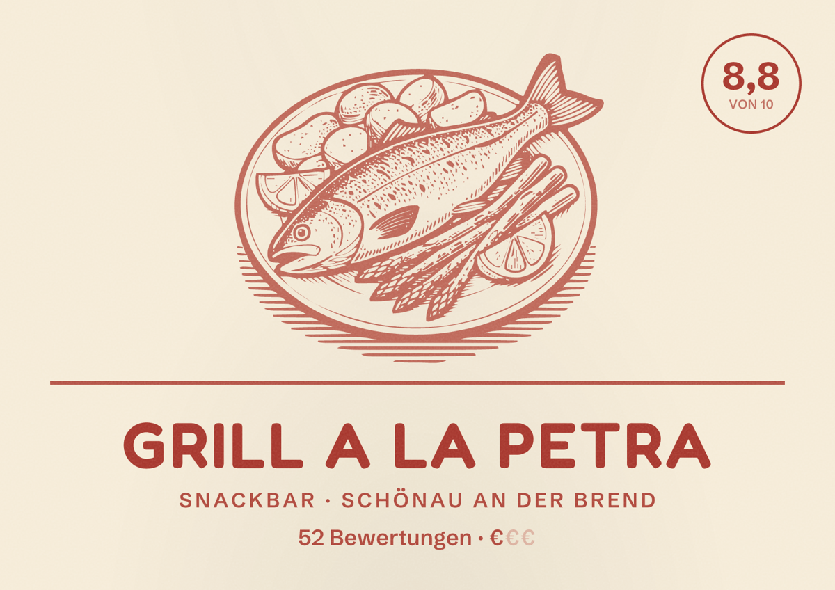 Illustriertes Poster von Grill a la Petra, Snackbar in Schönau an der Brend: Bewertung 8,8 von 10 aus 52 Bewertungen, Preisniveau €