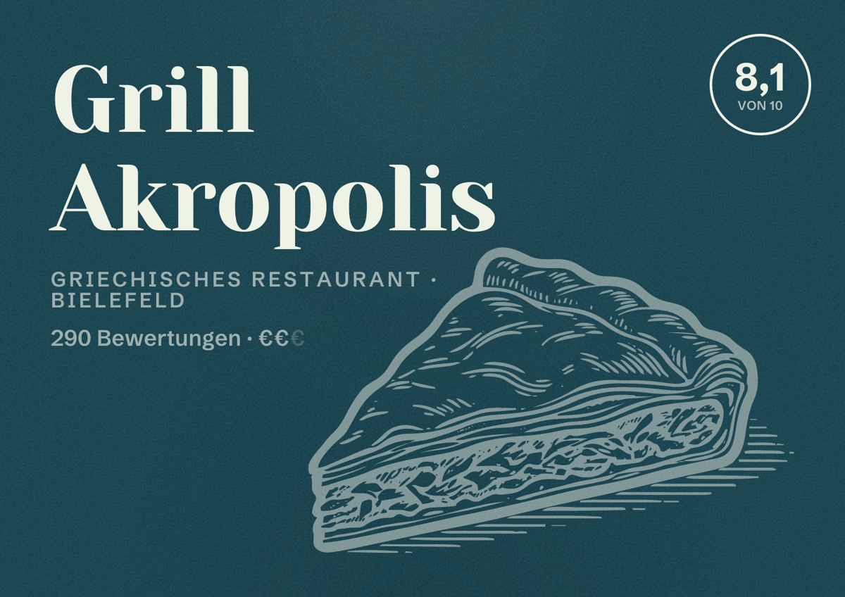 Illustriertes Poster von Grill Akropolis, Griechisches Restaurant in Bielefeld: Bewertung 8,1 von 10 aus 290 Bewertungen, Preisniveau €€