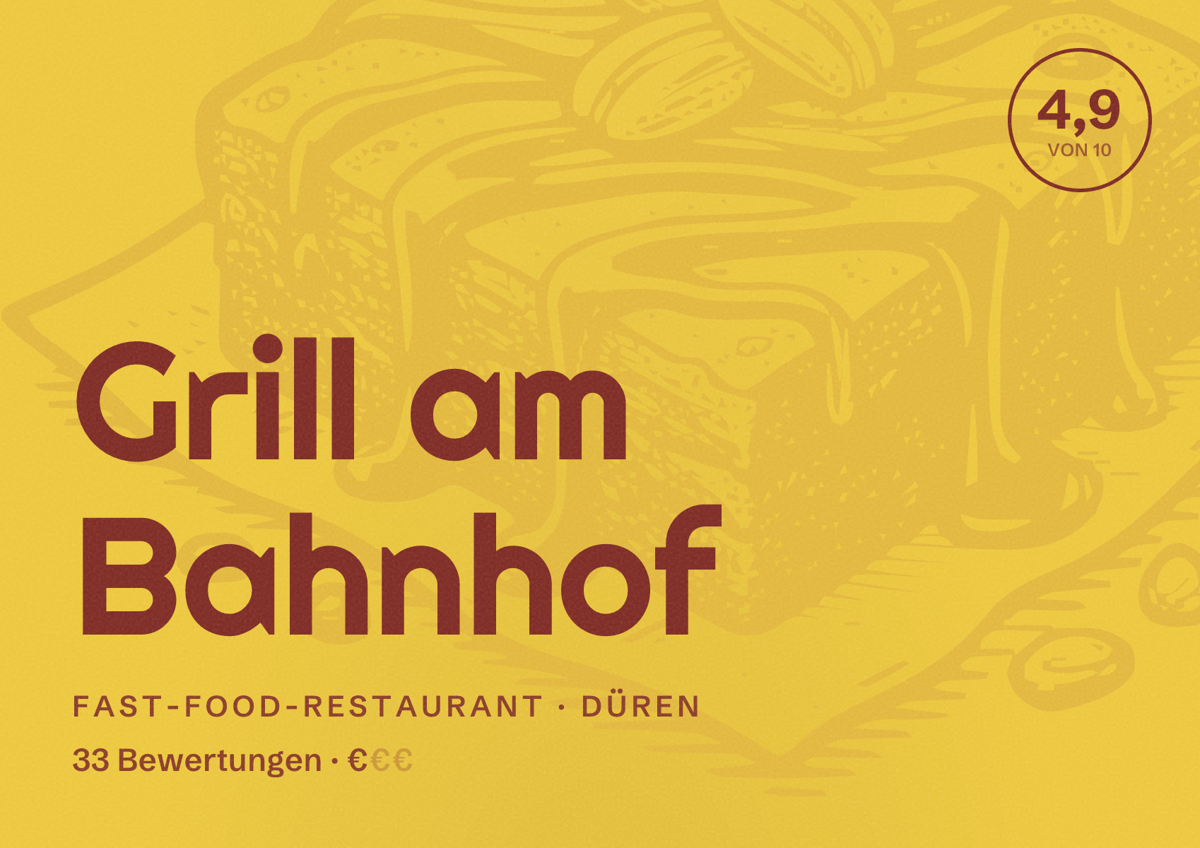 Illustriertes Poster von Grill am Bahnhof, Fast-Food-Restaurant in Düren: Bewertung 4,9 von 10 aus 33 Bewertungen, Preisniveau €