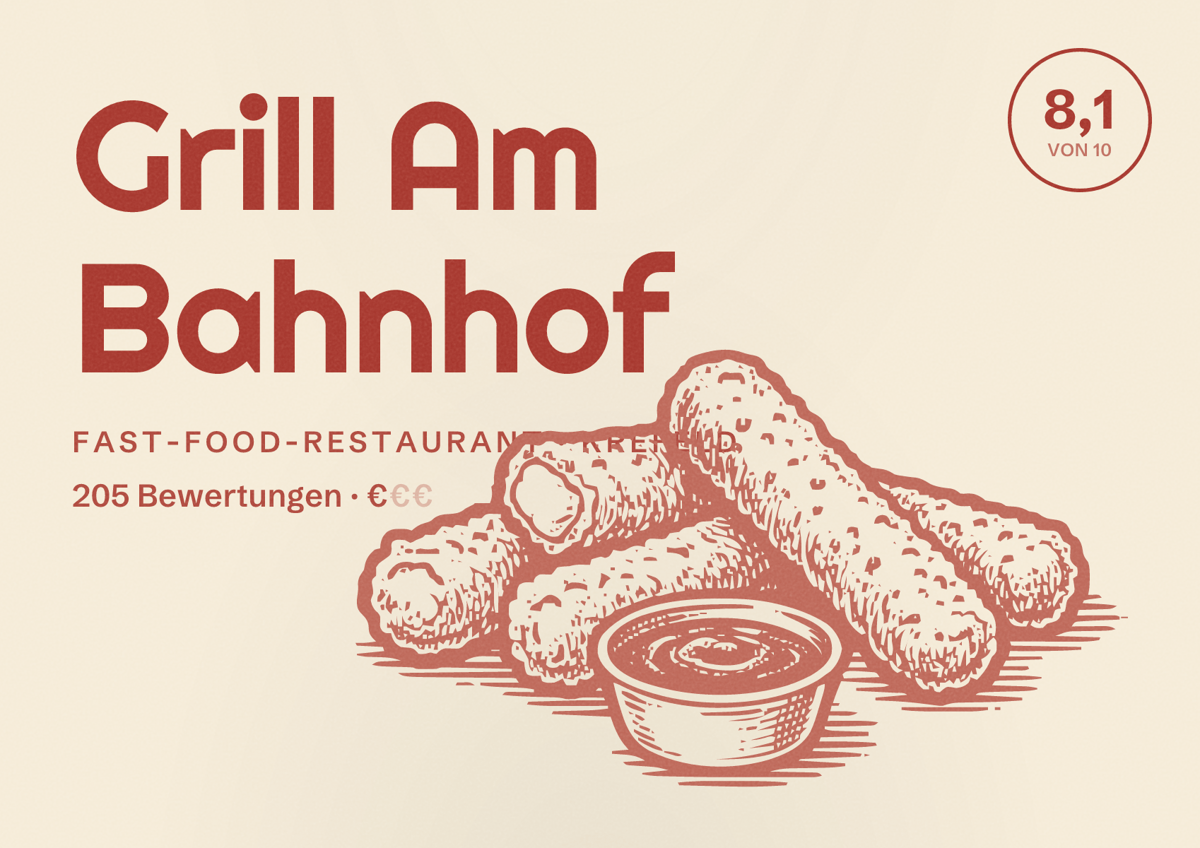 Illustriertes Poster von Grill Am Bahnhof, Fast-Food-Restaurant in Krefeld: Gästebewertung 8,1 von 10 aus 205 Bewertungen