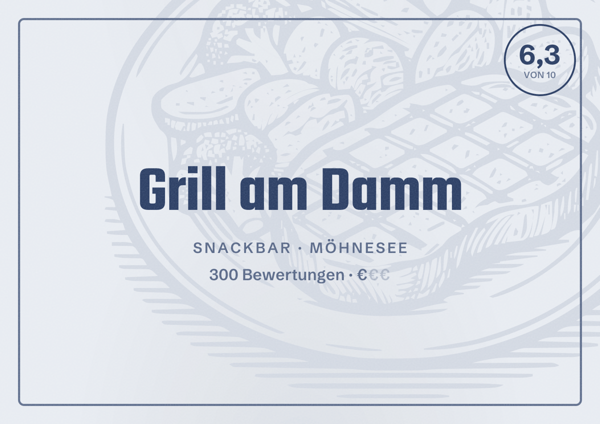 Illustriertes Poster von Grill am Damm, Snackbar in Möhnesee: Bewertung 6,3 von 10 aus 300 Bewertungen, Preisniveau €