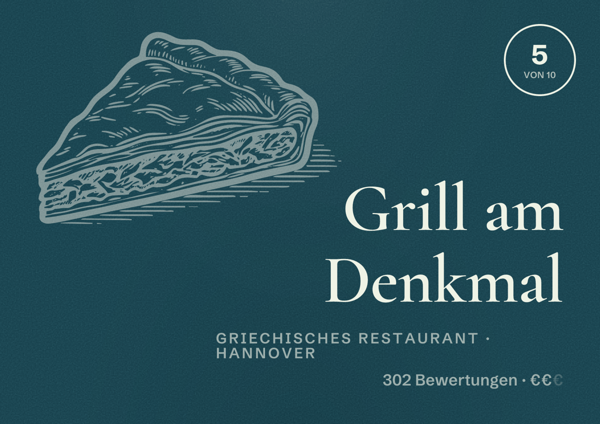 Illustriertes Poster von Grill am Denkmal, Griechisches Restaurant in Hannover: Bewertung 5,0 von 10 aus 302 Bewertungen, Preisniveau €€