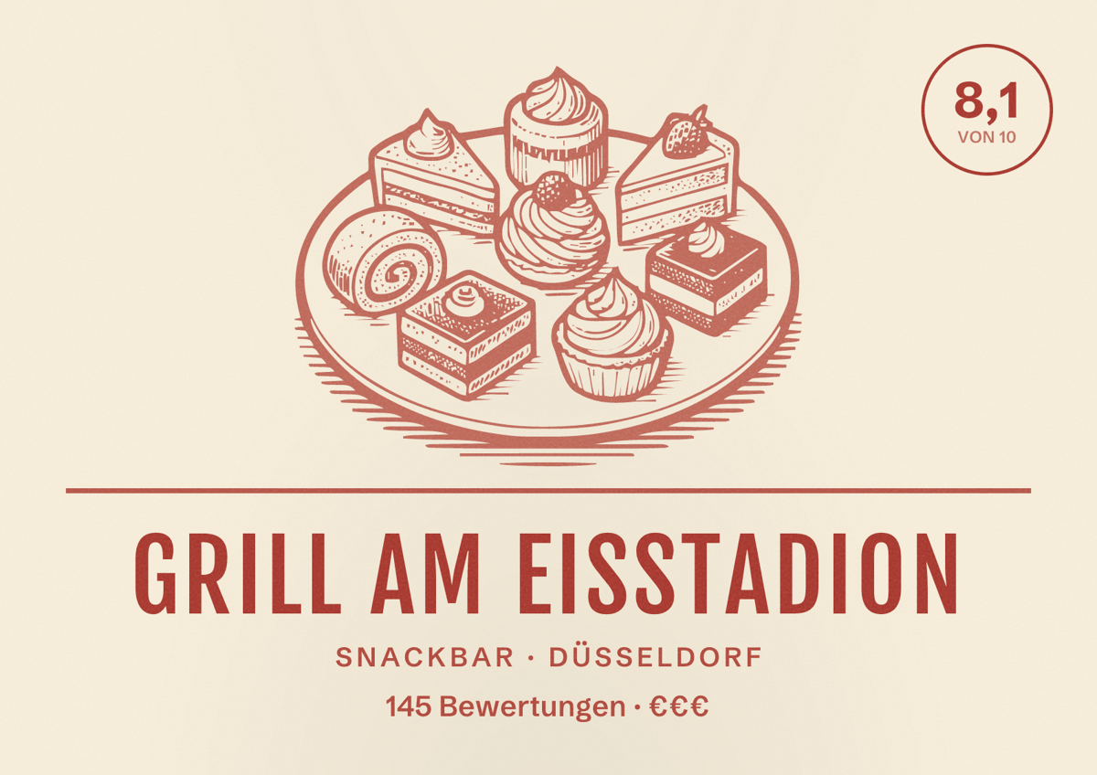 Illustriertes Poster von Grill Am Eisstadion, Snackbar in Düsseldorf: Bewertung 8,1 von 10 aus 145 Bewertungen, Preisniveau €€€