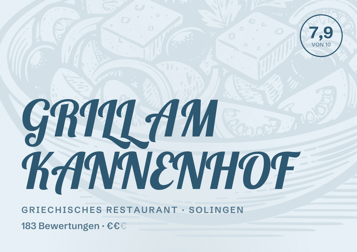 Illustriertes Poster von GRILL AM KANNENHOF, Griechisches Restaurant in Solingen: Bewertung 7,9 von 10 aus 183 Bewertungen, Preisniveau €€
