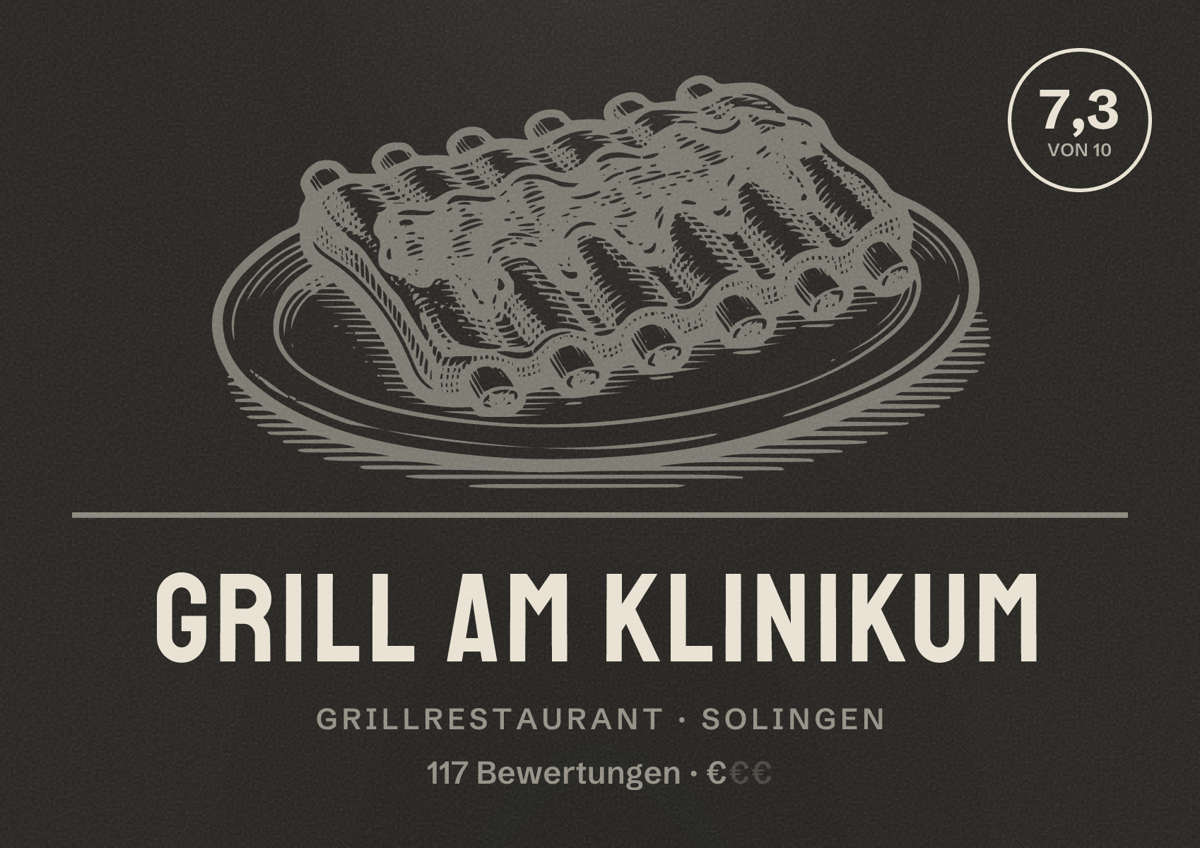 Illustriertes Poster von Grill am Klinikum, Grillrestaurant in Solingen: Bewertung 7,3 von 10 aus 117 Bewertungen, Preisniveau €
