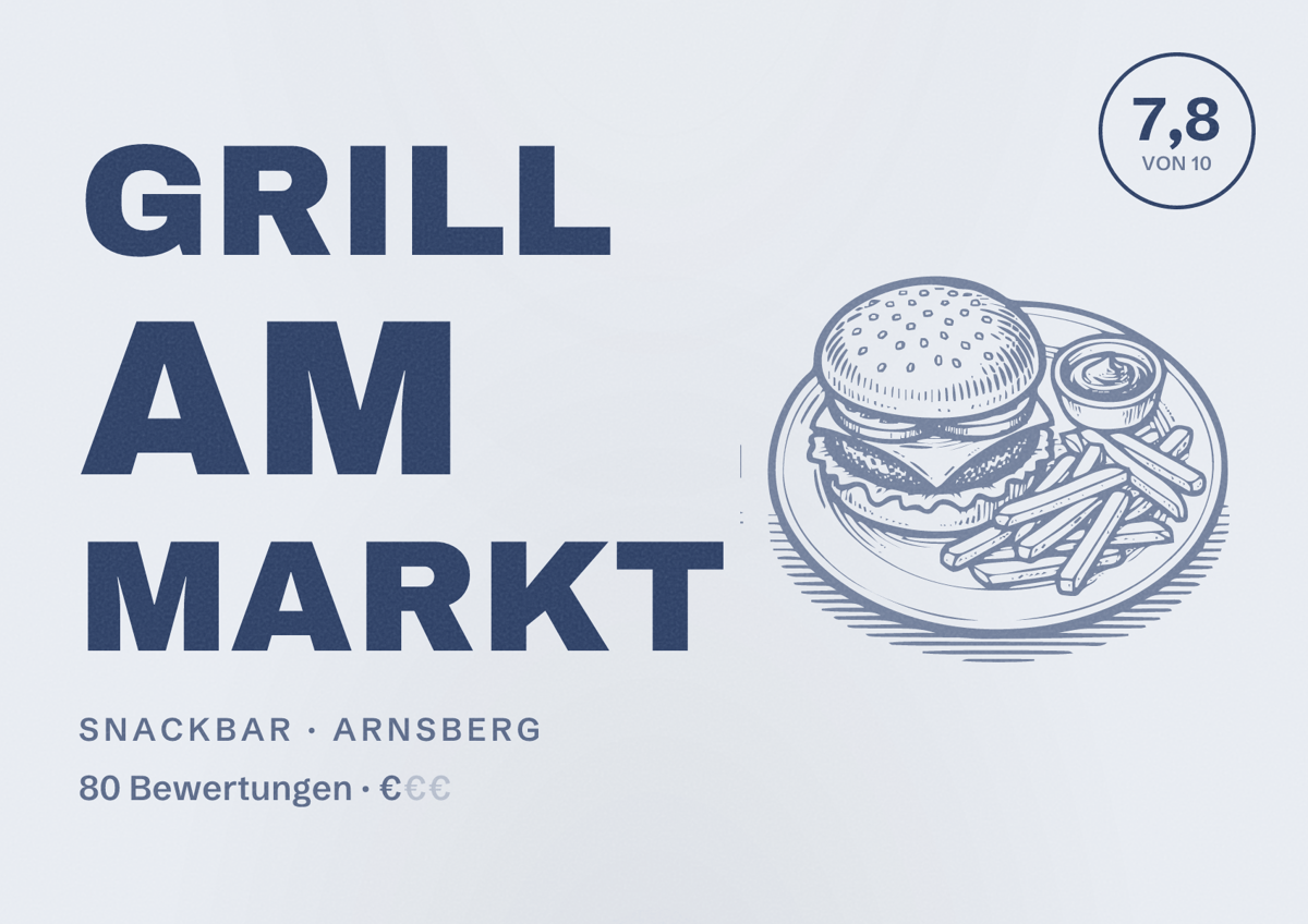 Illustriertes Poster von Grill am Markt, Snackbar in Arnsberg: Bewertung 7,8 von 10 aus 80 Bewertungen, Preisniveau €
