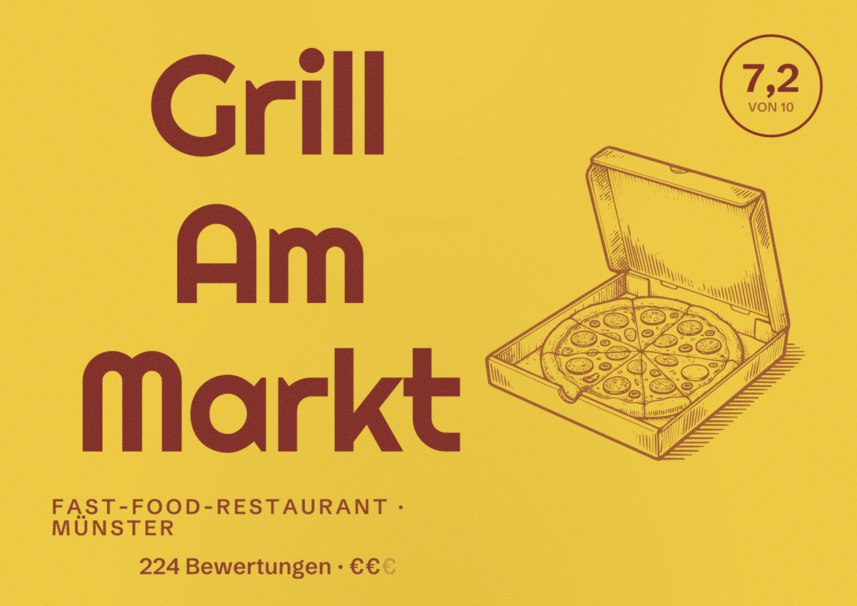 Illustriertes Poster von Grill Am Markt, Fast-Food-Restaurant in Münster: Bewertung 7,2 von 10 aus 224 Bewertungen, Preisniveau €€