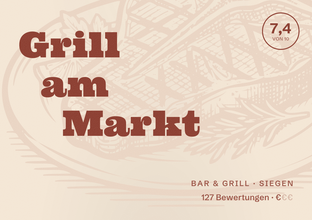 Illustriertes Poster von Grill am Markt, Bar & Grill in Siegen: Bewertung 7,4 von 10 aus 127 Bewertungen, Preisniveau €
