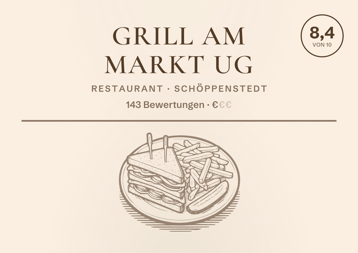 Illustriertes Poster von Grill am Markt UG, Restaurant in Schöppenstedt: Bewertung 8,4 von 10 aus 143 Bewertungen, Preisniveau €