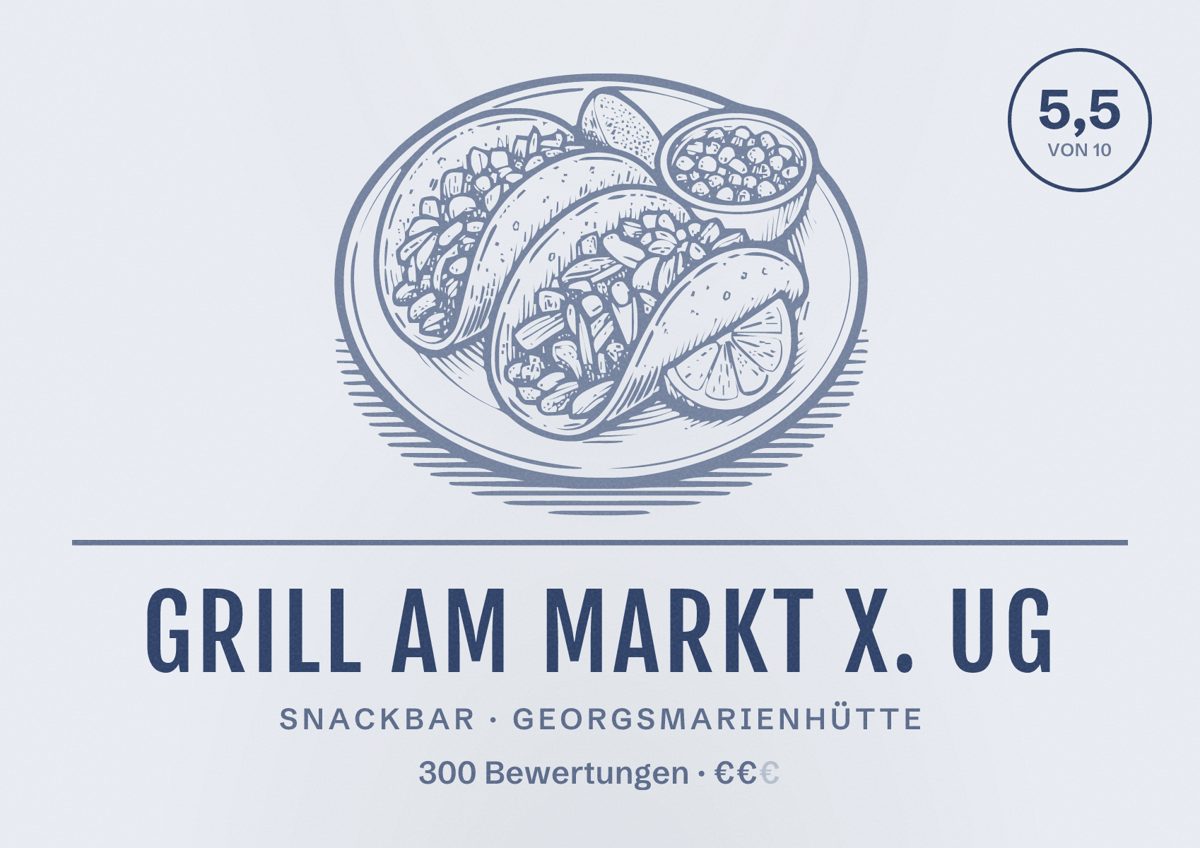Illustriertes Poster von Grill am Markt X. UG, Snackbar in Georgsmarienhütte: Bewertung 5,5 von 10 aus 300 Bewertungen, Preisniveau €€
