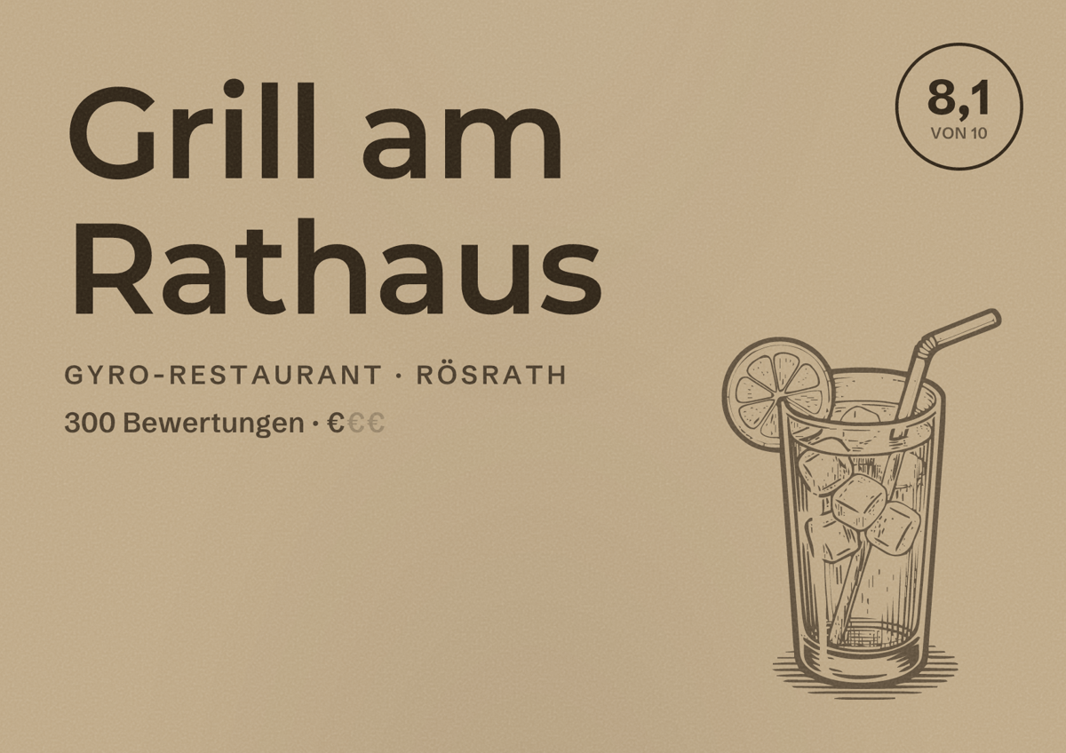 Illustriertes Poster von Grill am Rathaus, Gyro-Restaurant in Rösrath: Bewertung 8,1 von 10 aus 300 Bewertungen, Preisniveau €