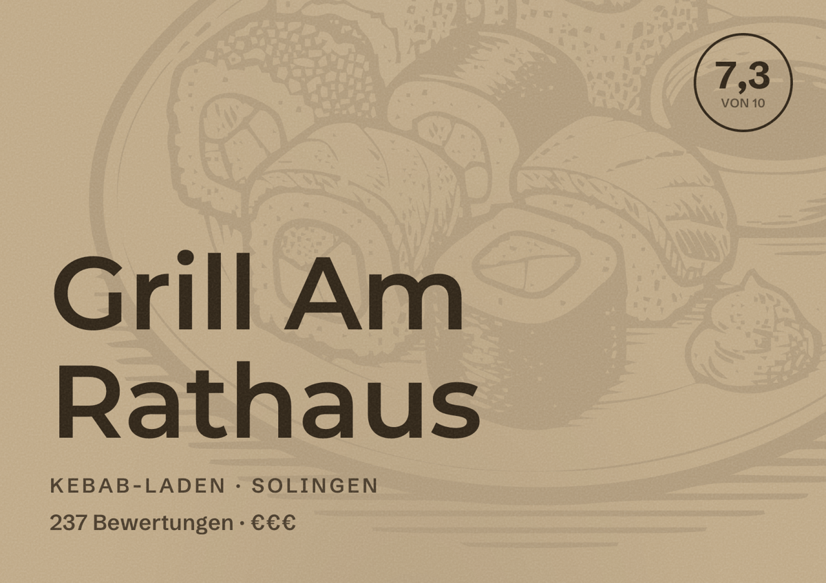 Illustriertes Poster von Grill Am Rathaus, Kebab-Laden in Solingen: Bewertung 7,3 von 10 aus 237 Bewertungen, Preisniveau €€€
