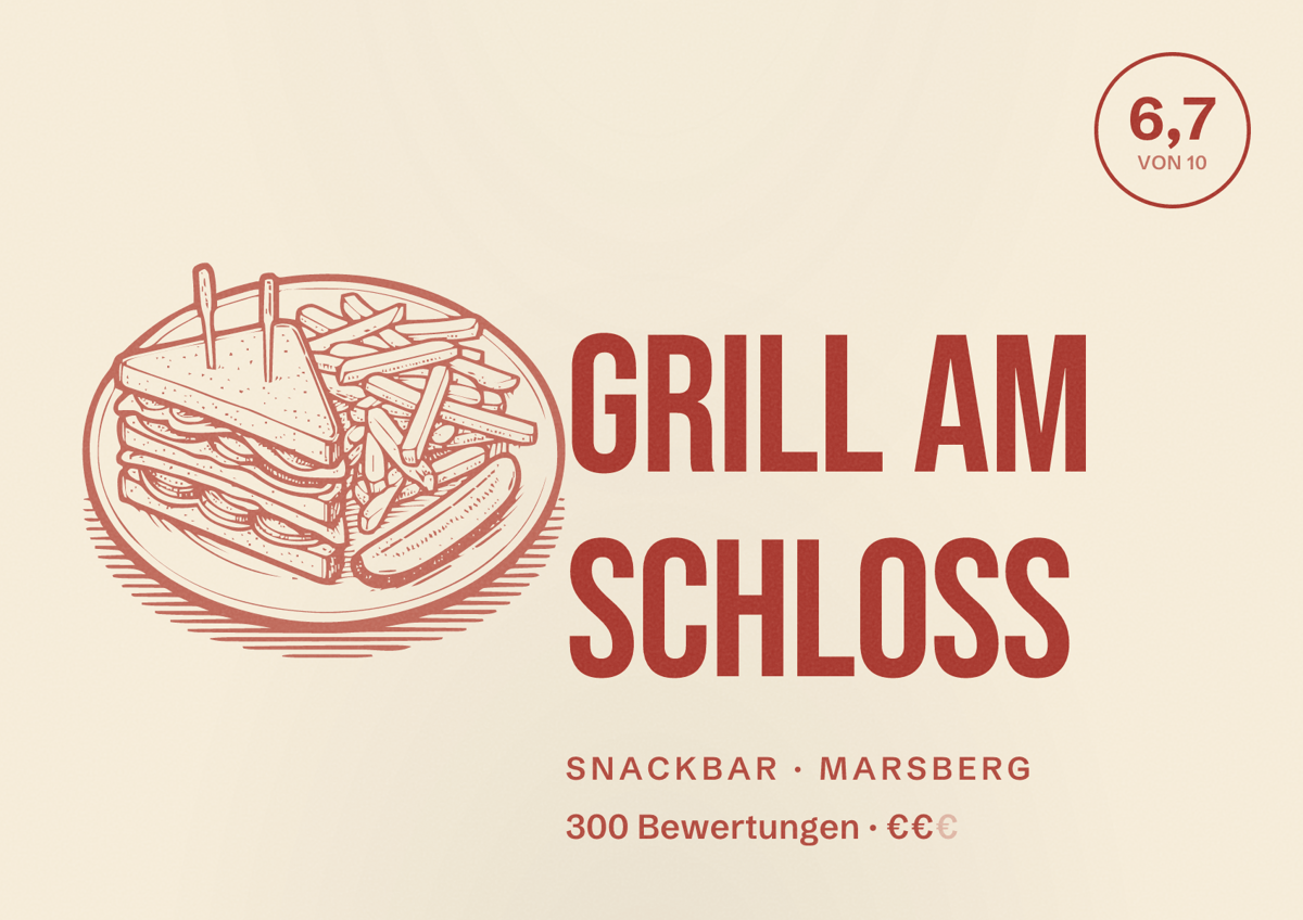 Illustriertes Poster von Grill am Schloss, Snackbar in Marsberg: Bewertung 6,7 von 10 aus 300 Bewertungen, Preisniveau €€