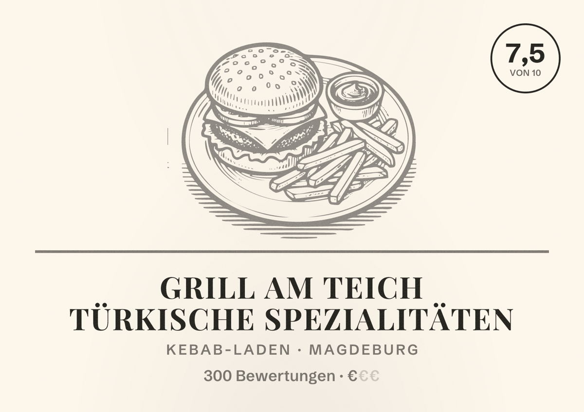 Illustriertes Poster von Grill am Teich Türkische Spezialitäten, Kebab-Laden in Magdeburg: Bewertung 7,5 von 10 aus 300 Bewertungen, Preisniveau €