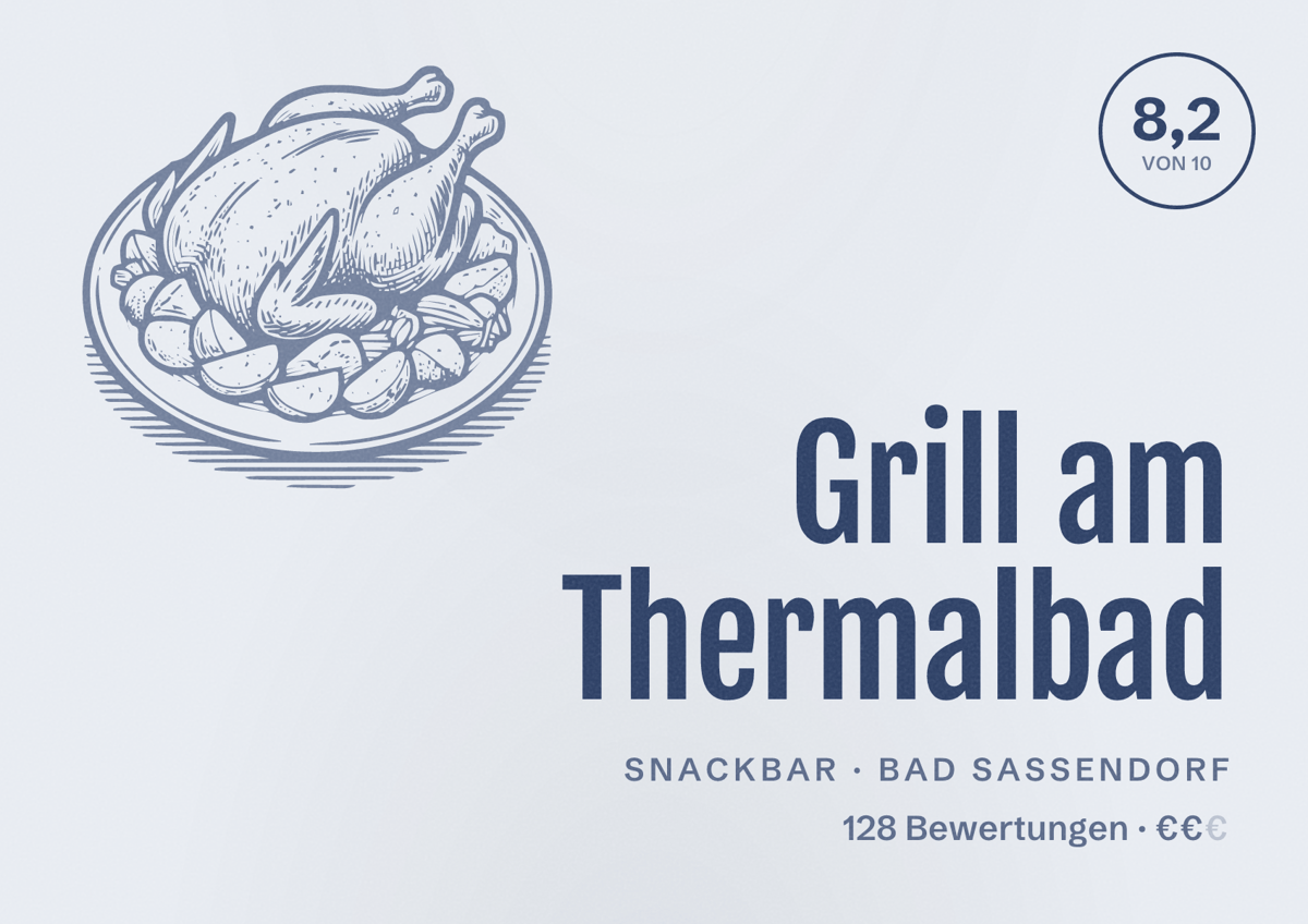 Illustriertes Poster von Grill am Thermalbad, Snackbar in Bad Sassendorf: Bewertung 8,2 von 10 aus 128 Bewertungen, Preisniveau €€
