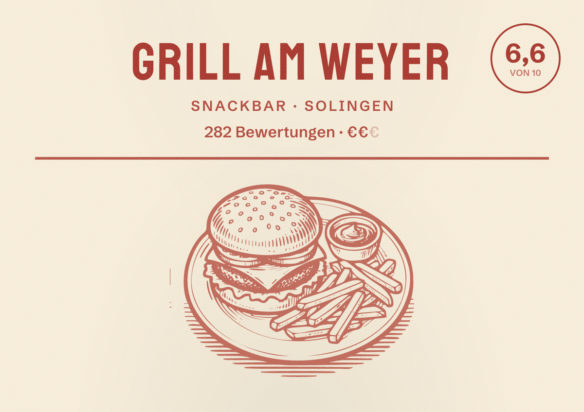 Illustriertes Poster von Grill Am Weyer, Snackbar in Solingen: Bewertung 6,6 von 10 aus 282 Bewertungen, Preisniveau €€