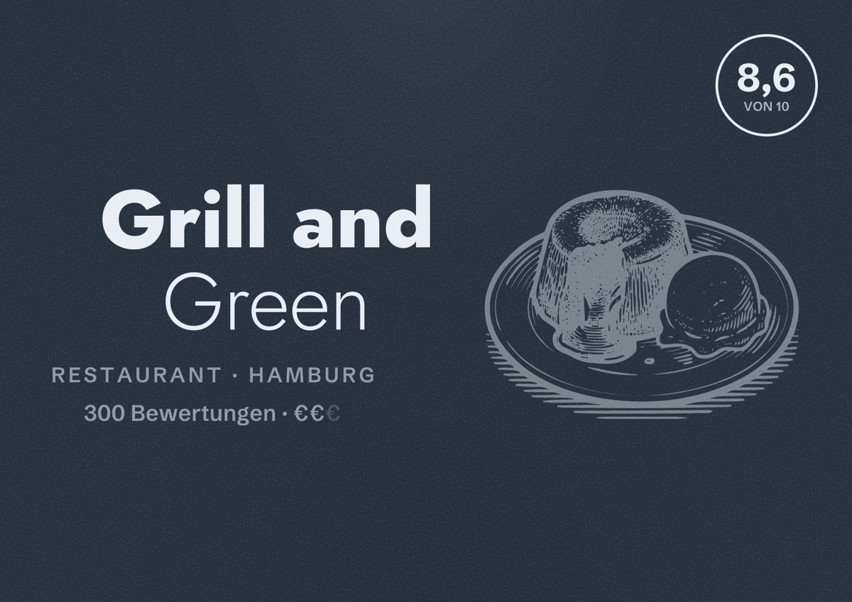 Illustriertes Poster von Grill and Green, Restaurant in Hamburg: Bewertung 8,6 von 10 aus 300 Bewertungen, Preisniveau €€