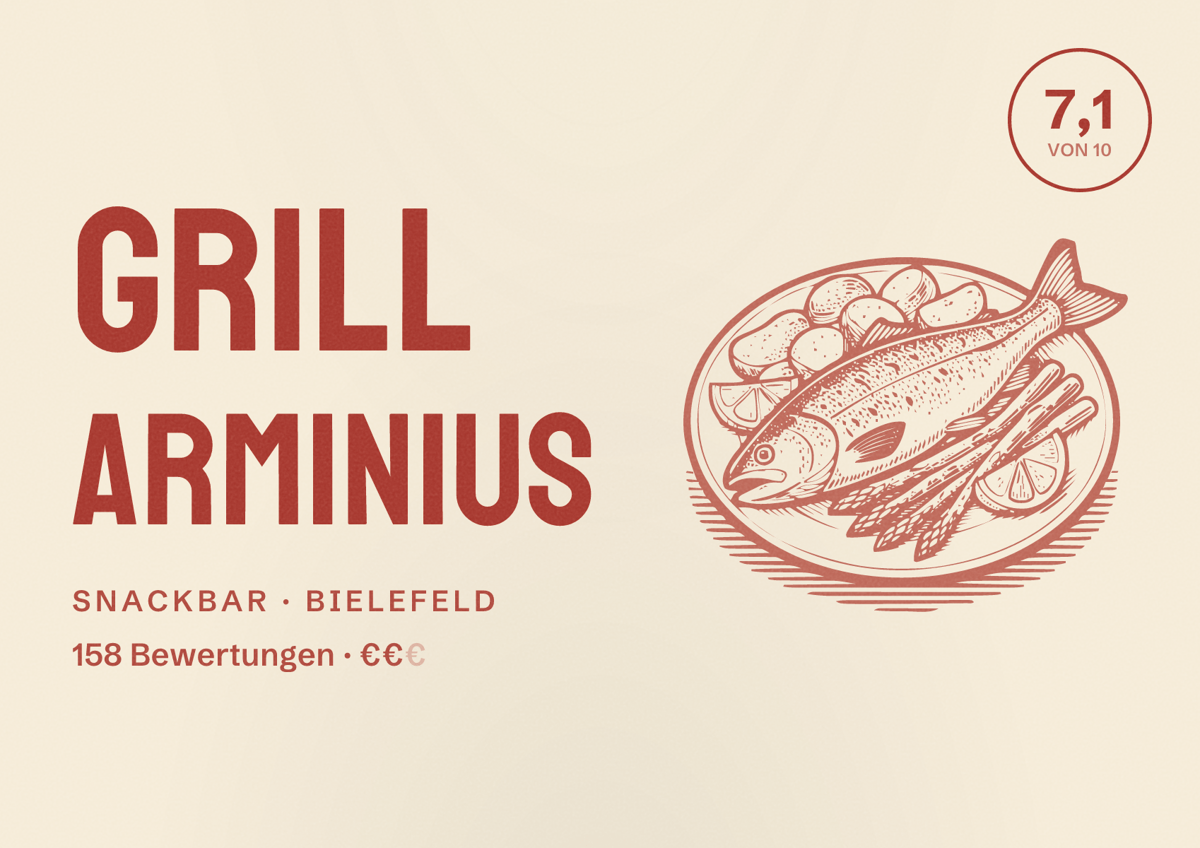 Illustriertes Poster von Grill Arminius, Snackbar in Bielefeld: Bewertung 7,1 von 10 aus 158 Bewertungen, Preisniveau €€