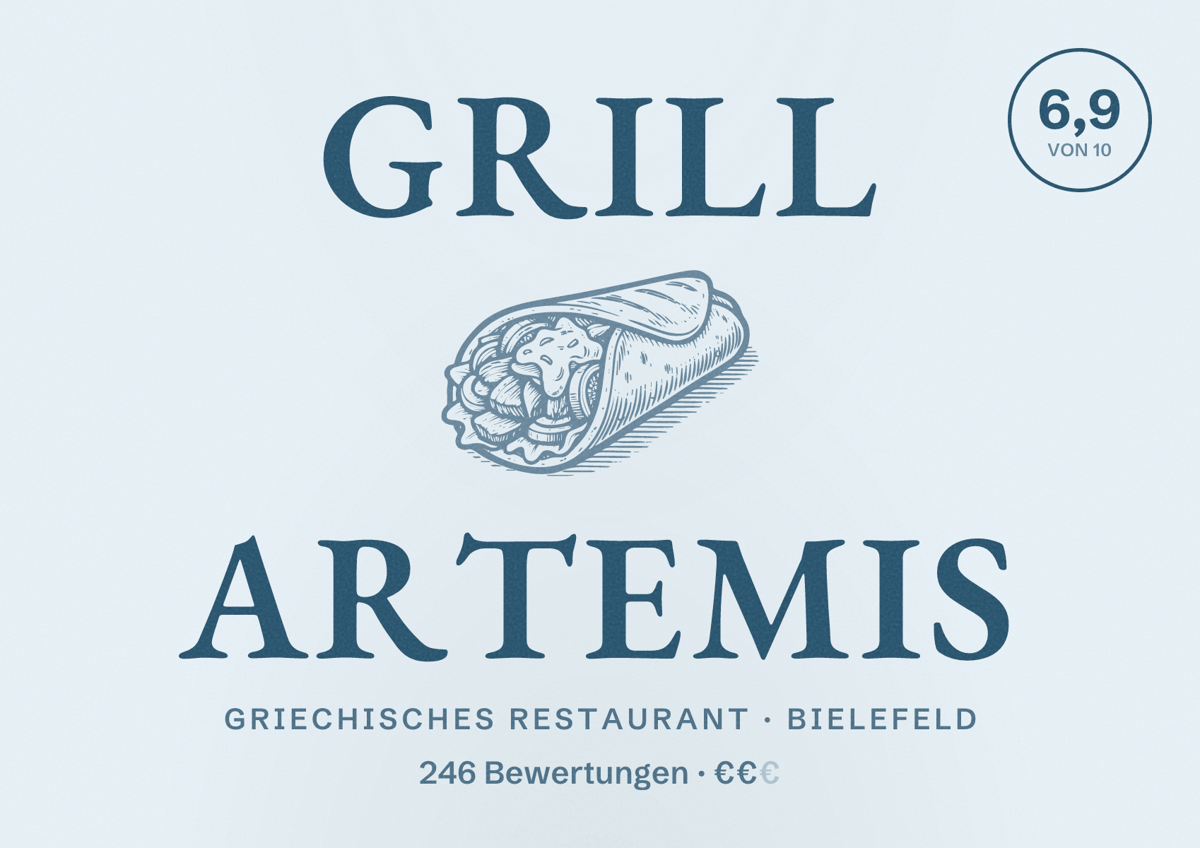 Illustriertes Poster von Grill Artemis, Griechisches Restaurant in Bielefeld: Bewertung 6,9 von 10 aus 246 Bewertungen, Preisniveau €€