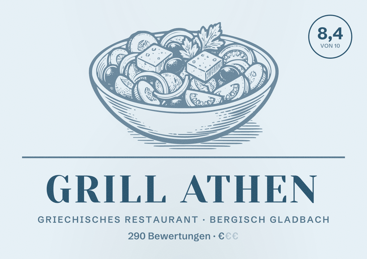 Illustriertes Poster von Grill Athen, Griechisches Restaurant in Bergisch Gladbach: Bewertung 8,4 von 10 aus 290 Bewertungen, Preisniveau €