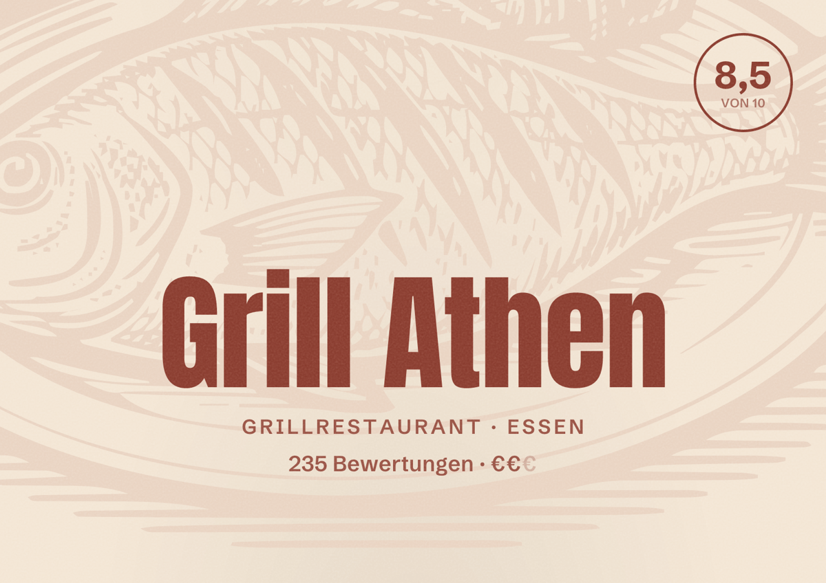 Illustriertes Poster von Grill Athen, Grillrestaurant in Essen: Bewertung 8,5 von 10 aus 235 Bewertungen, Preisniveau €€