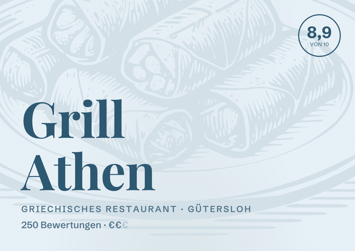 Illustriertes Poster von Grill Athen, Griechisches Restaurant in Gütersloh: Bewertung 8,9 von 10 aus 250 Bewertungen, Preisniveau €€
