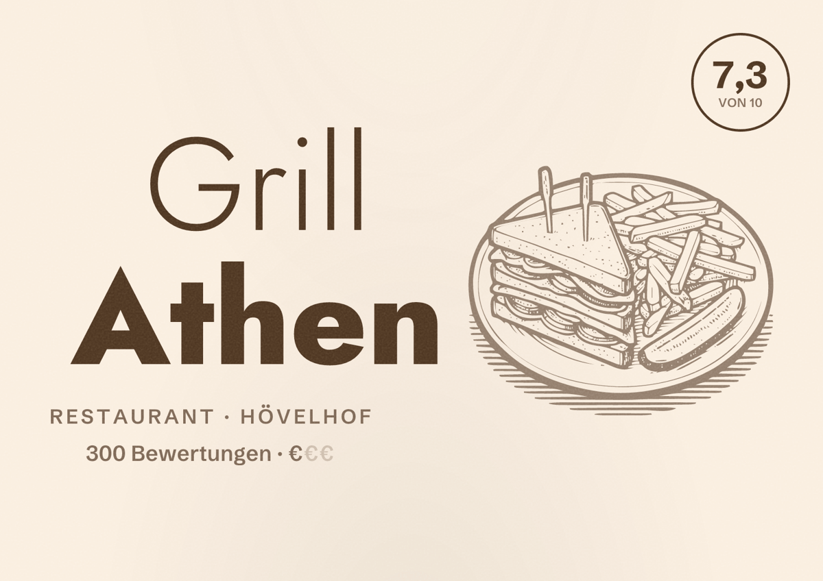 Illustriertes Poster von Grill Athen, Restaurant in Hövelhof: Bewertung 7,3 von 10 aus 300 Bewertungen, Preisniveau €