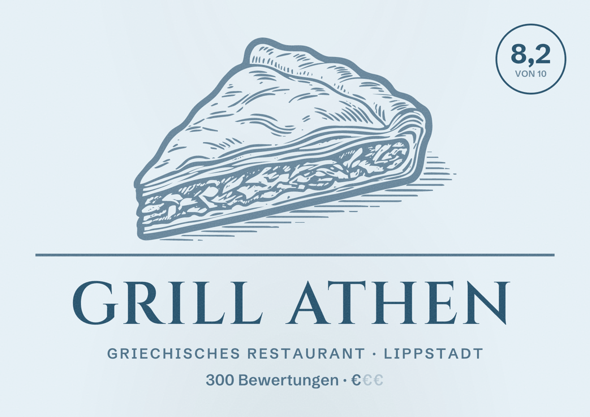 Illustriertes Poster von Grill Athen, Griechisches Restaurant in Lippstadt: Bewertung 8,2 von 10 aus 300 Bewertungen, Preisniveau €