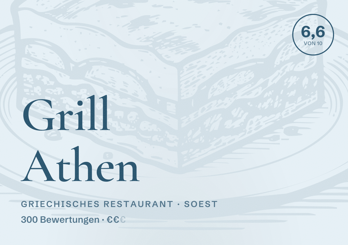 Illustriertes Poster von Grill Athen, Griechisches Restaurant in Soest: Bewertung 6,6 von 10 aus 300 Bewertungen, Preisniveau €€