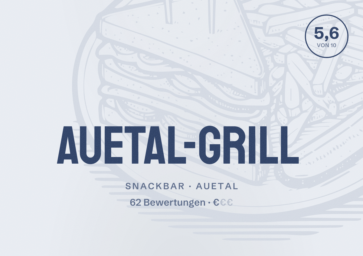 Illustriertes Poster von Auetal-Grill, Snackbar in Auetal: Bewertung 5,6 von 10 aus 62 Bewertungen, Preisniveau €