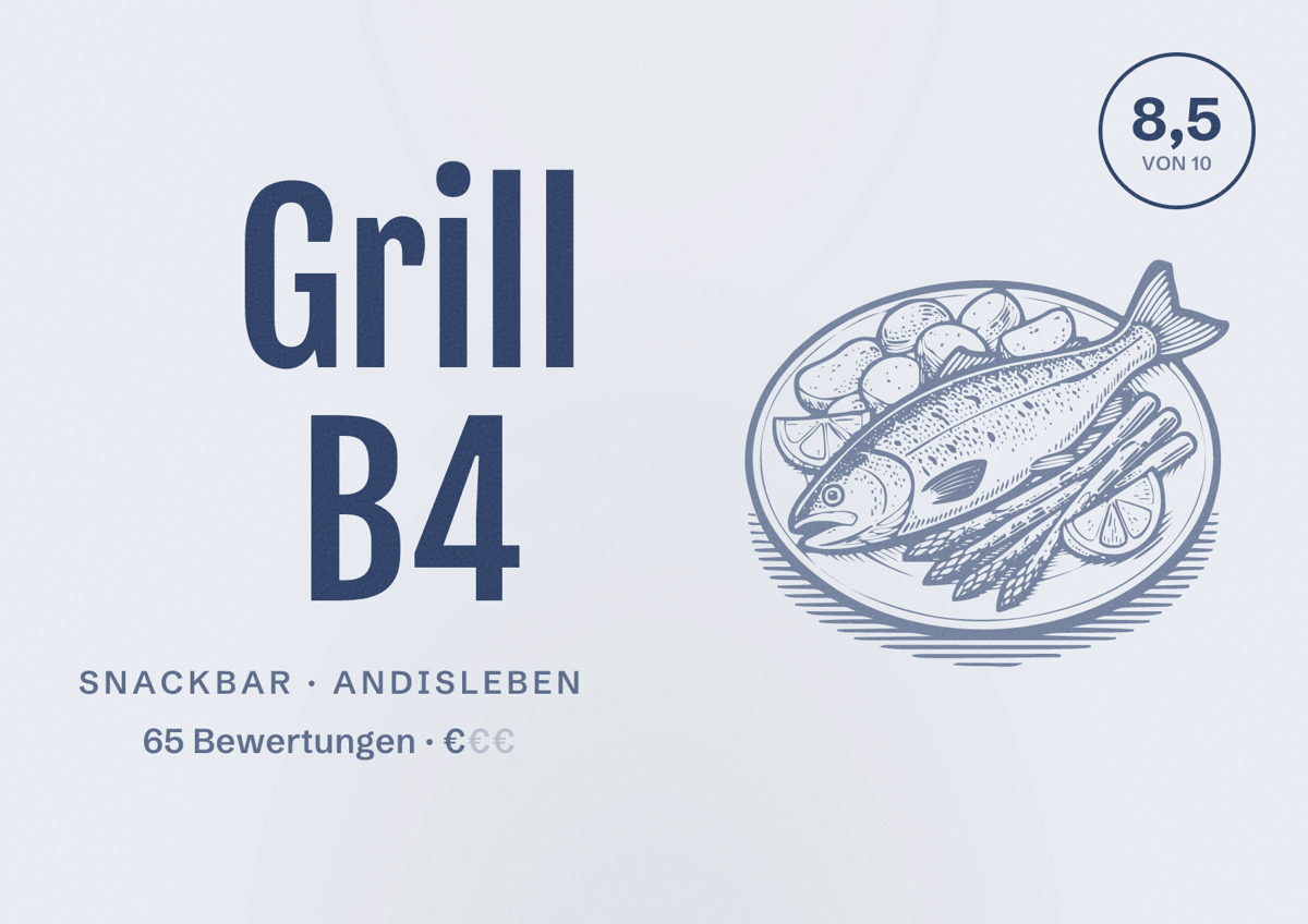 Illustriertes Poster von Grill B4, Snackbar in Andisleben: Bewertung 8,5 von 10 aus 65 Bewertungen, Preisniveau €