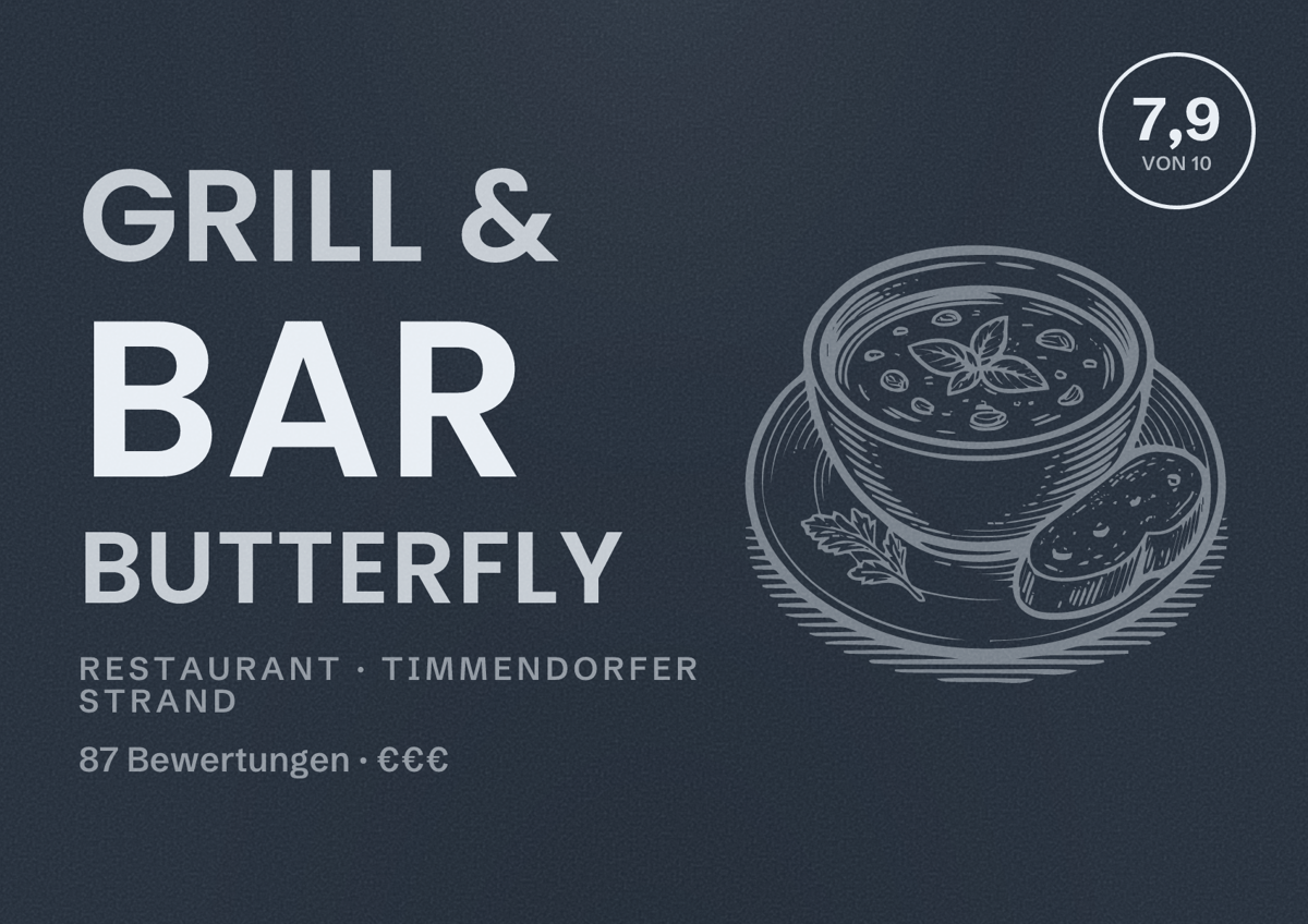 Illustriertes Poster von Grill & Bar Butterfly, Restaurant in Timmendorfer Strand: Bewertung 7,9 von 10 aus 87 Bewertungen, Preisniveau €€€
