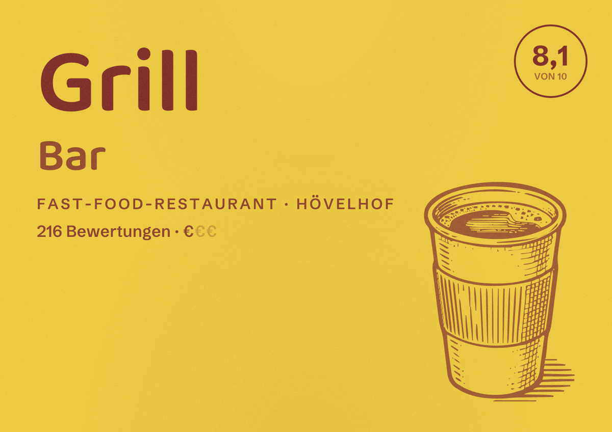 Illustriertes Poster von Grill Bar, Fast-Food-Restaurant in Hövelhof: Bewertung 8,1 von 10 aus 216 Bewertungen, Preisniveau €