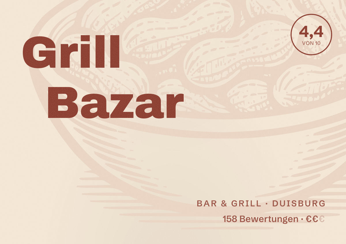 Illustriertes Poster von Grill Bazar, Bar & Grill in Duisburg: Bewertung 4,4 von 10 aus 158 Bewertungen, Preisniveau €€