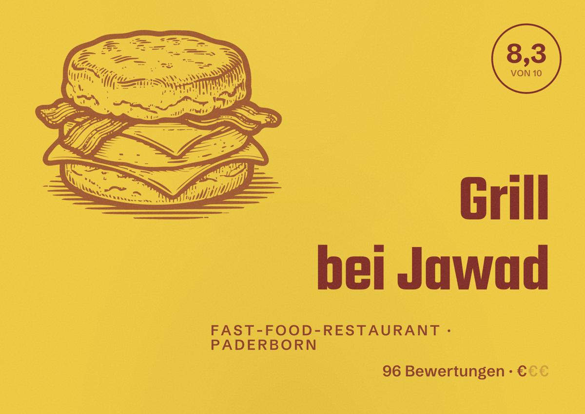 Illustriertes Poster von Grill bei Jawad, Fast-Food-Restaurant in Paderborn: Bewertung 8,3 von 10 aus 96 Bewertungen, Preisniveau €