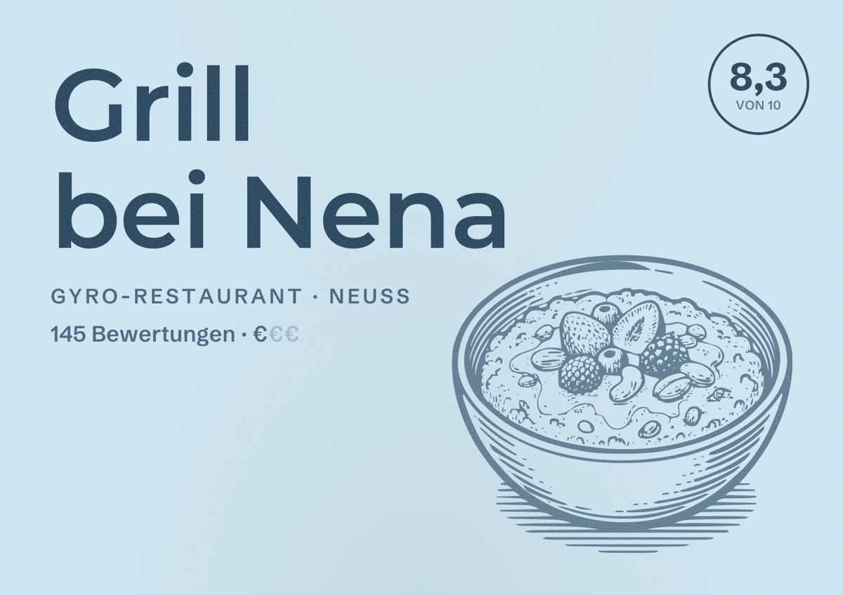 Illustriertes Poster von Grill bei Nena, Gyro-Restaurant in Neuss: Bewertung 8,3 von 10 aus 145 Bewertungen, Preisniveau €