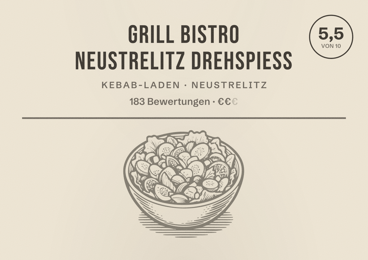 Illustriertes Poster von GRILL BISTRO Neustrelitz Drehspieß, Kebab-Laden in Neustrelitz: Bewertung 5,5 von 10 aus 183 Bewertungen, Preisniveau €€