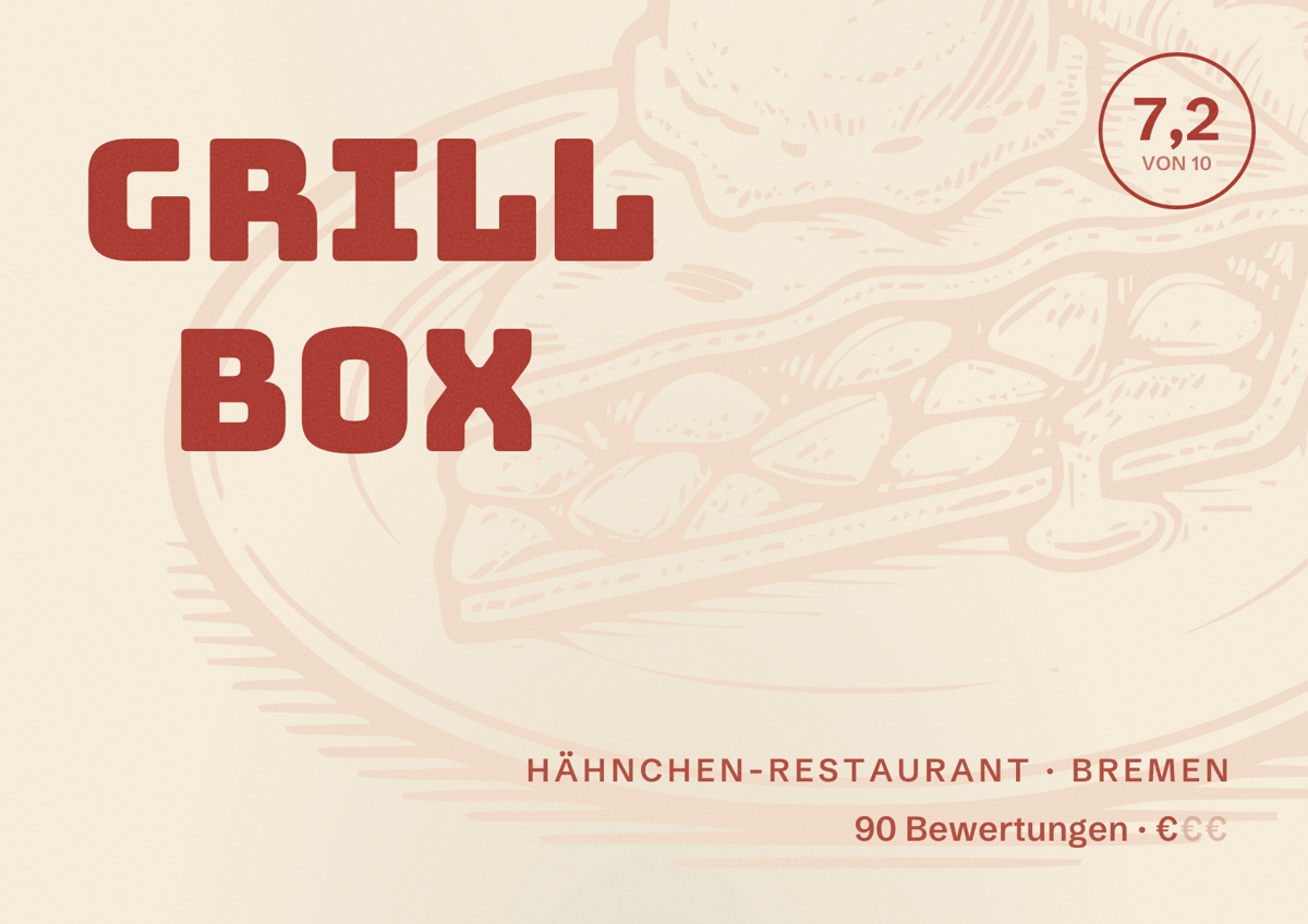 Illustriertes Poster von GRILL BOX, Hähnchen-Restaurant in Bremen: Bewertung 7,2 von 10 aus 90 Bewertungen, Preisniveau €