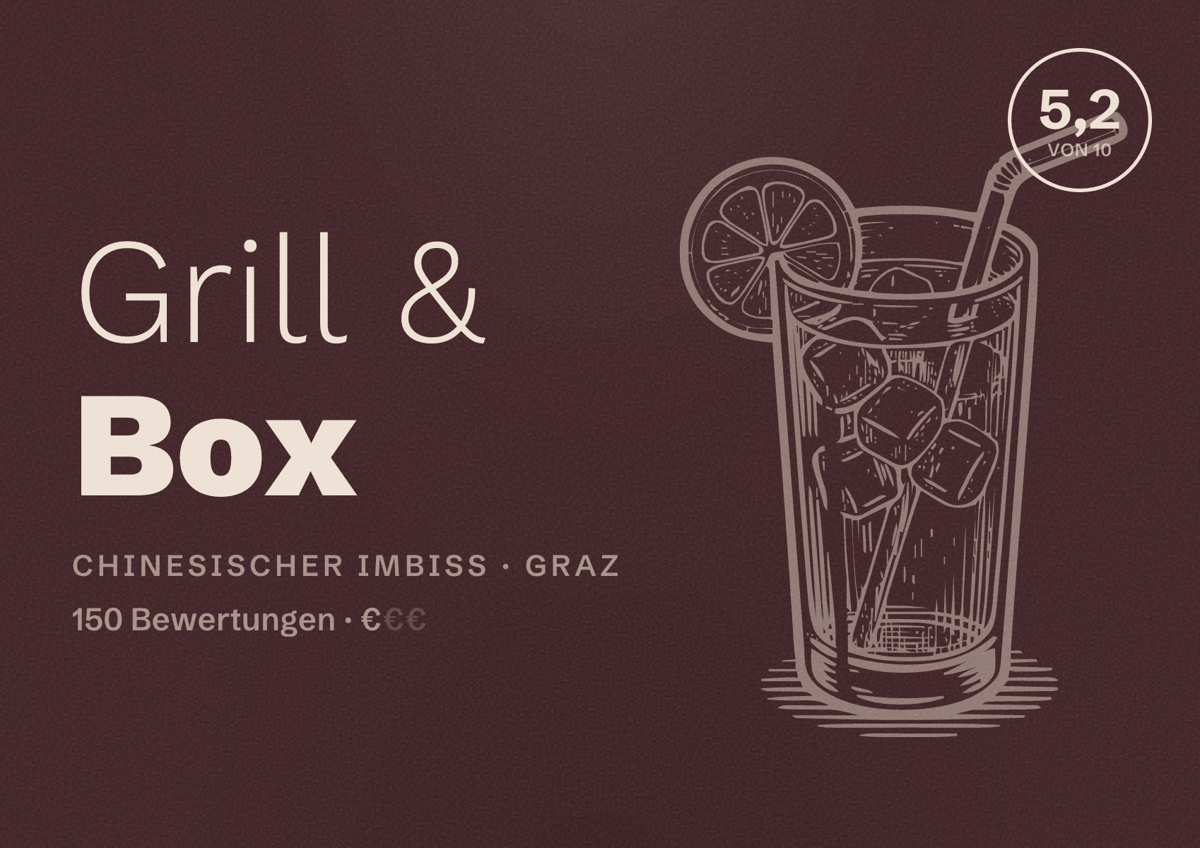 Illustriertes Poster von Grill & Box, Chinesischer Imbiss in Graz: Bewertung 5,2 von 10 aus 150 Bewertungen, Preisniveau €